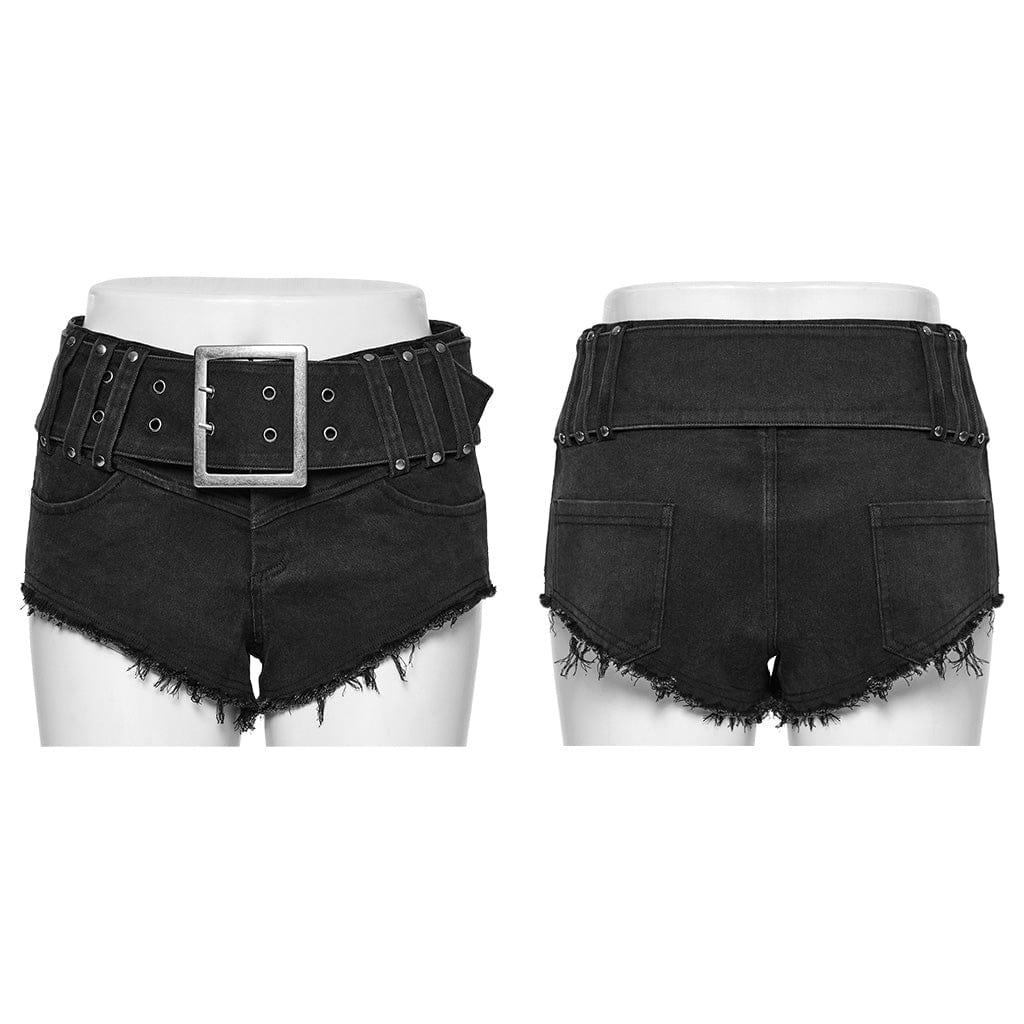 PUNK RAVE Women's Punk Buckle Eyelets Denim Shorts