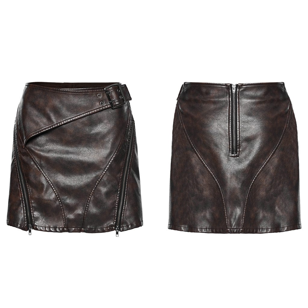 PUNK RAVE Women's Punk Buckle Faux Leather A-line Short Skirt Coffee