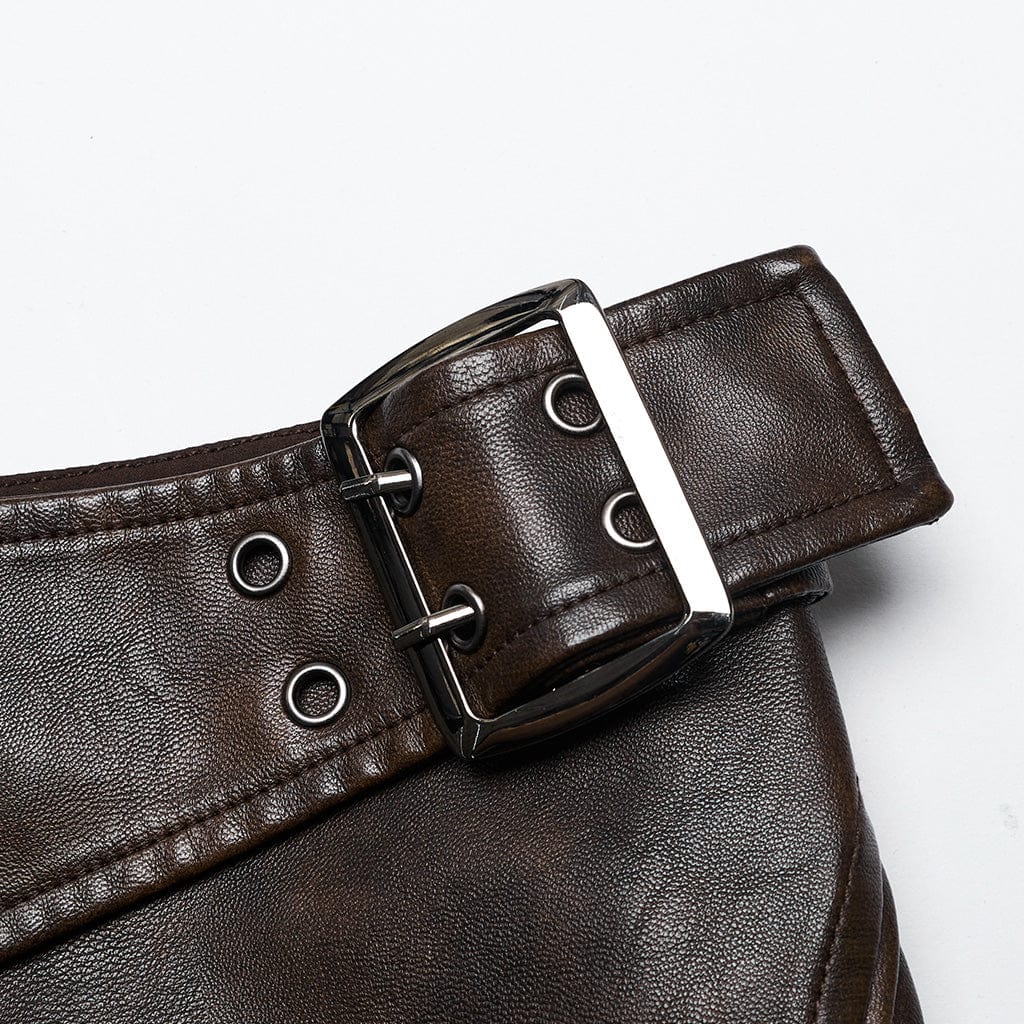 PUNK RAVE Women's Punk Buckle Faux Leather A-line Short Skirt Coffee