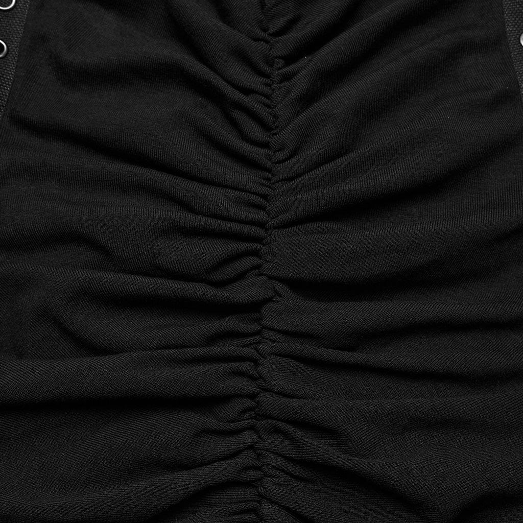 PUNK RAVE Women's Punk Buckle Lace-Up Distressed Slip Dress Black