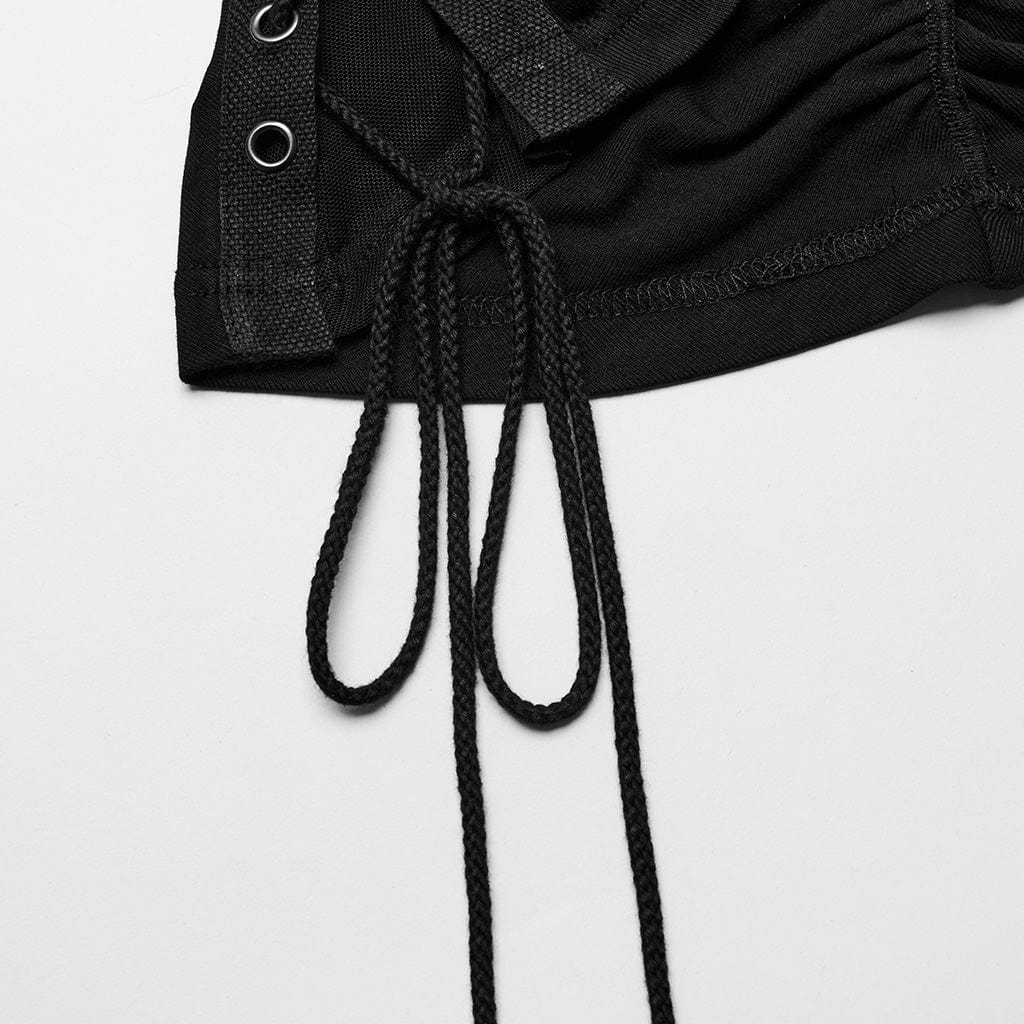 PUNK RAVE Women's Punk Buckle Lace-Up Distressed Slip Dress Black