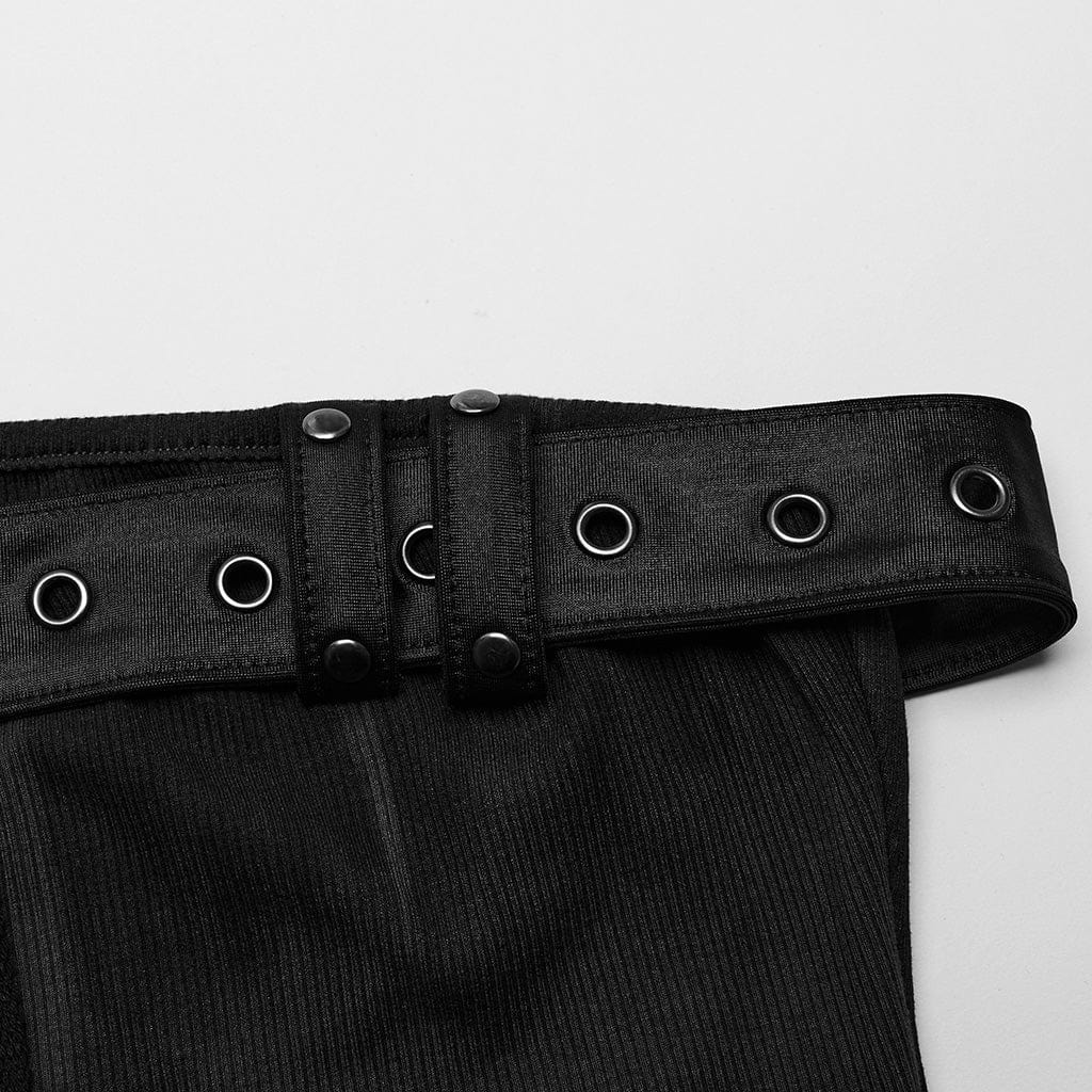 PUNK RAVE Women's Punk Buckle Lace-Up Eyelet Off Shoulder Dress Black