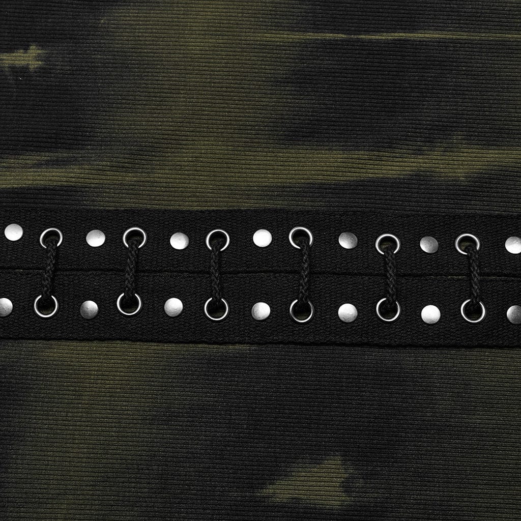 PUNK RAVE Women's Punk Buckle Lace-Up Eyelet Off Shoulder Dress Black-Green