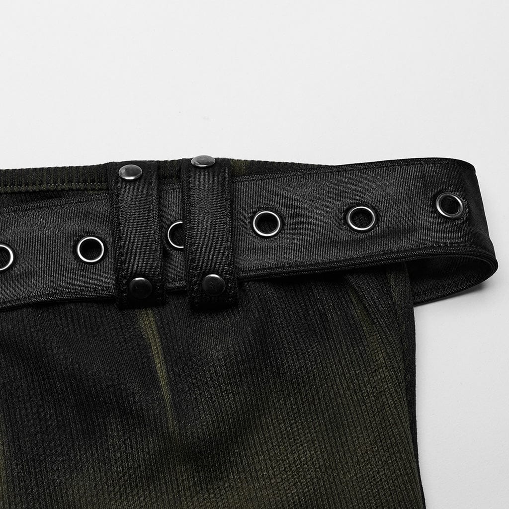 PUNK RAVE Women's Punk Buckle Lace-Up Eyelet Off Shoulder Dress Black-Green