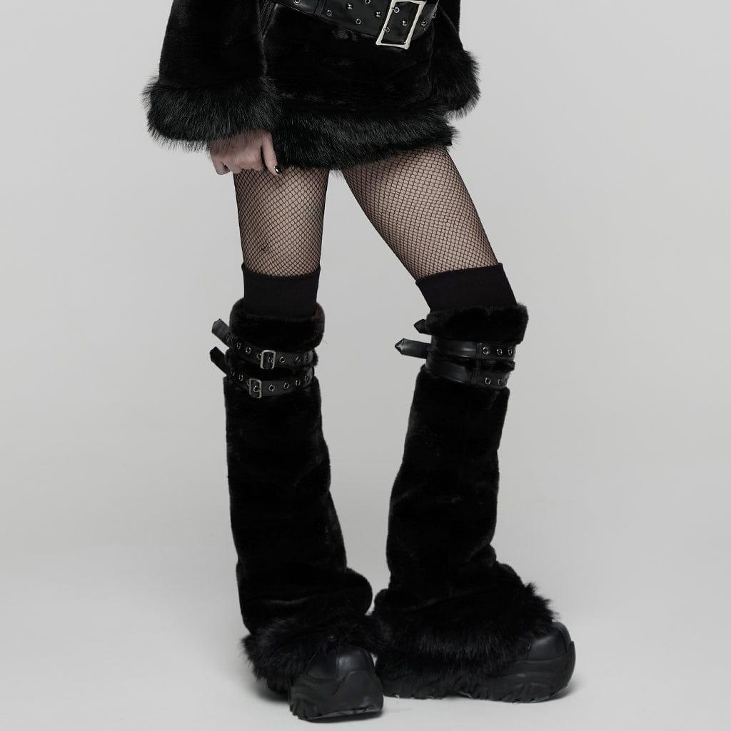 PUNK RAVE Women's Punk Buckle Strap Faux Fur Leg Warmers Black
