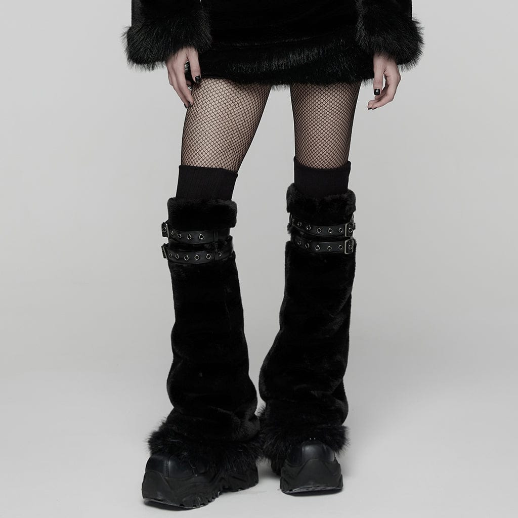 PUNK RAVE Women's Punk Buckle Strap Faux Fur Leg Warmers Black