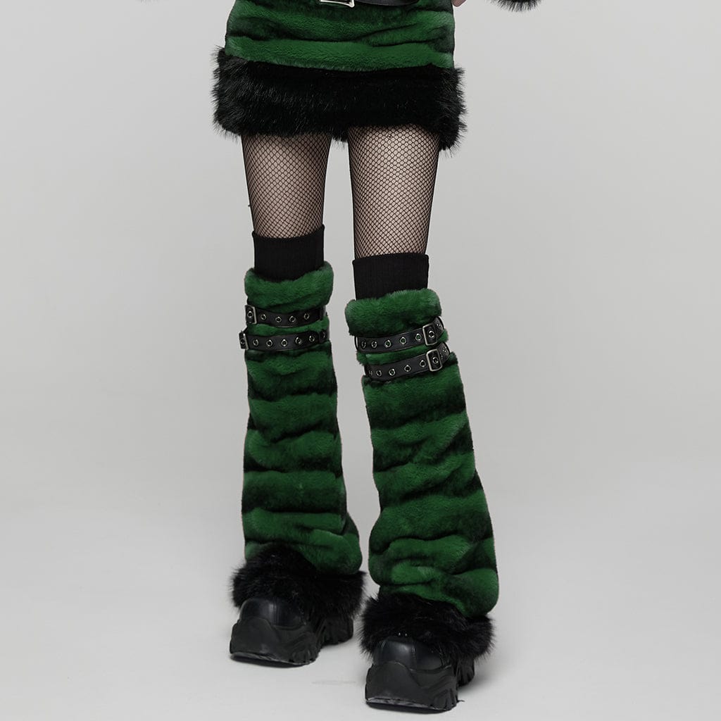 PUNK RAVE Women's Punk Buckle Strap Faux Fur Leg Warmers Green