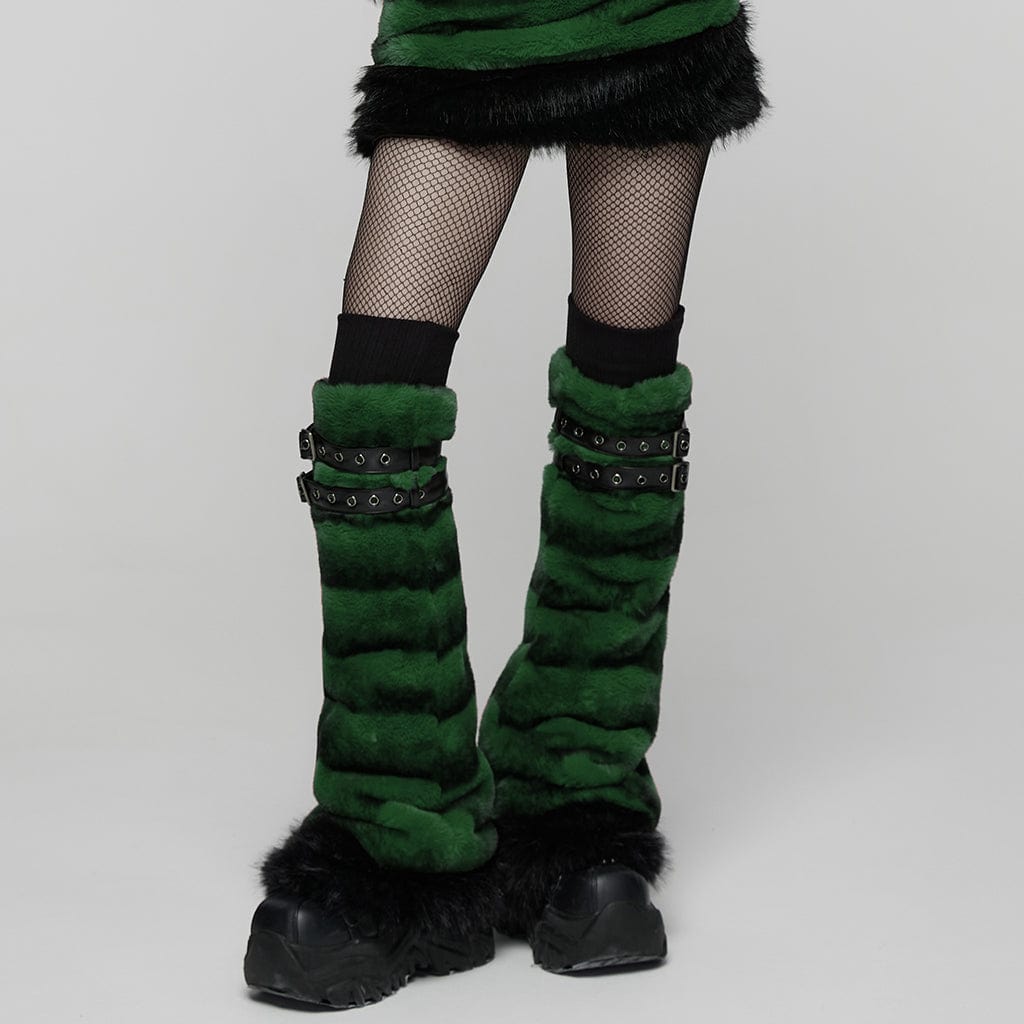 PUNK RAVE Women's Punk Buckle Strap Faux Fur Leg Warmers Green