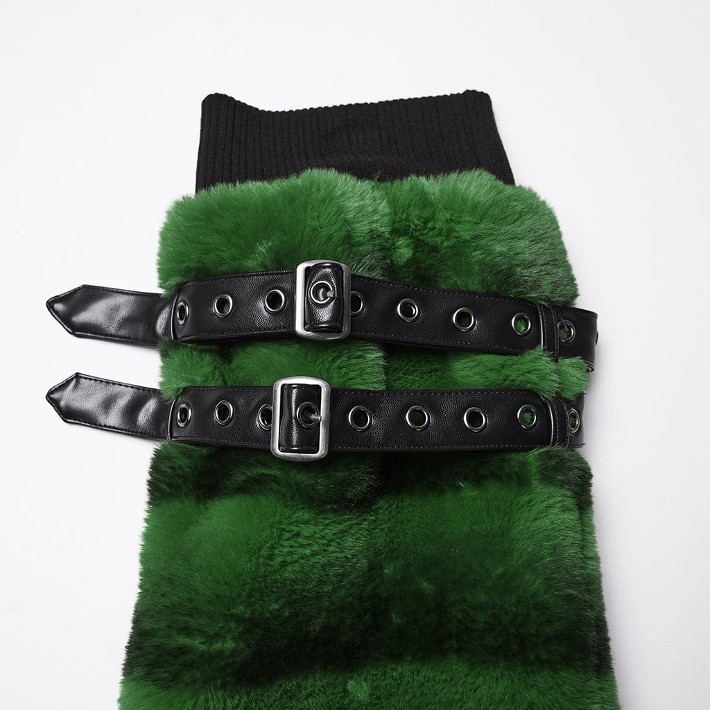 PUNK RAVE Women's Punk Buckle Strap Faux Fur Leg Warmers Green