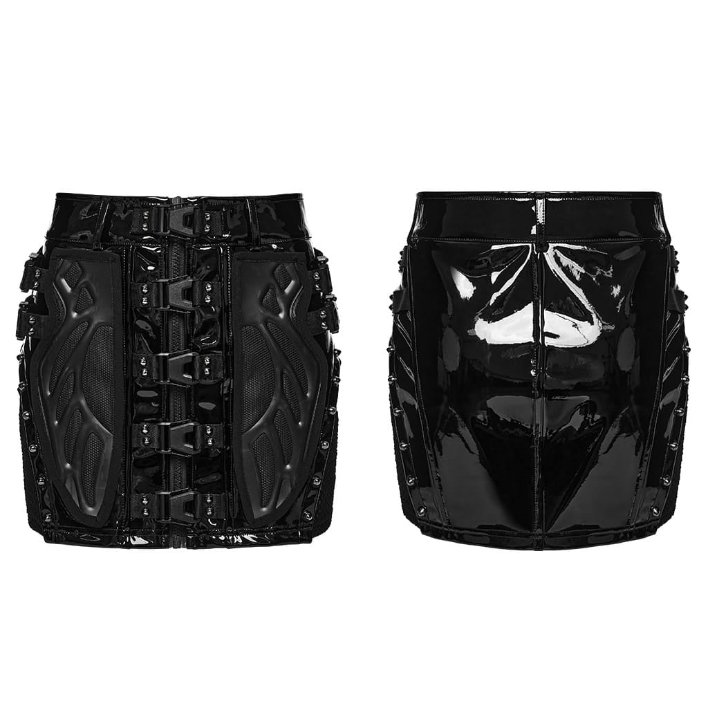 PUNK RAVE Women's Punk Buckle Strap Mesh Splice Mini Skirt
