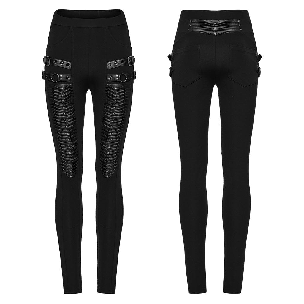 PUNK RAVE Women's Punk Buckle Strap Pleated Leggings
