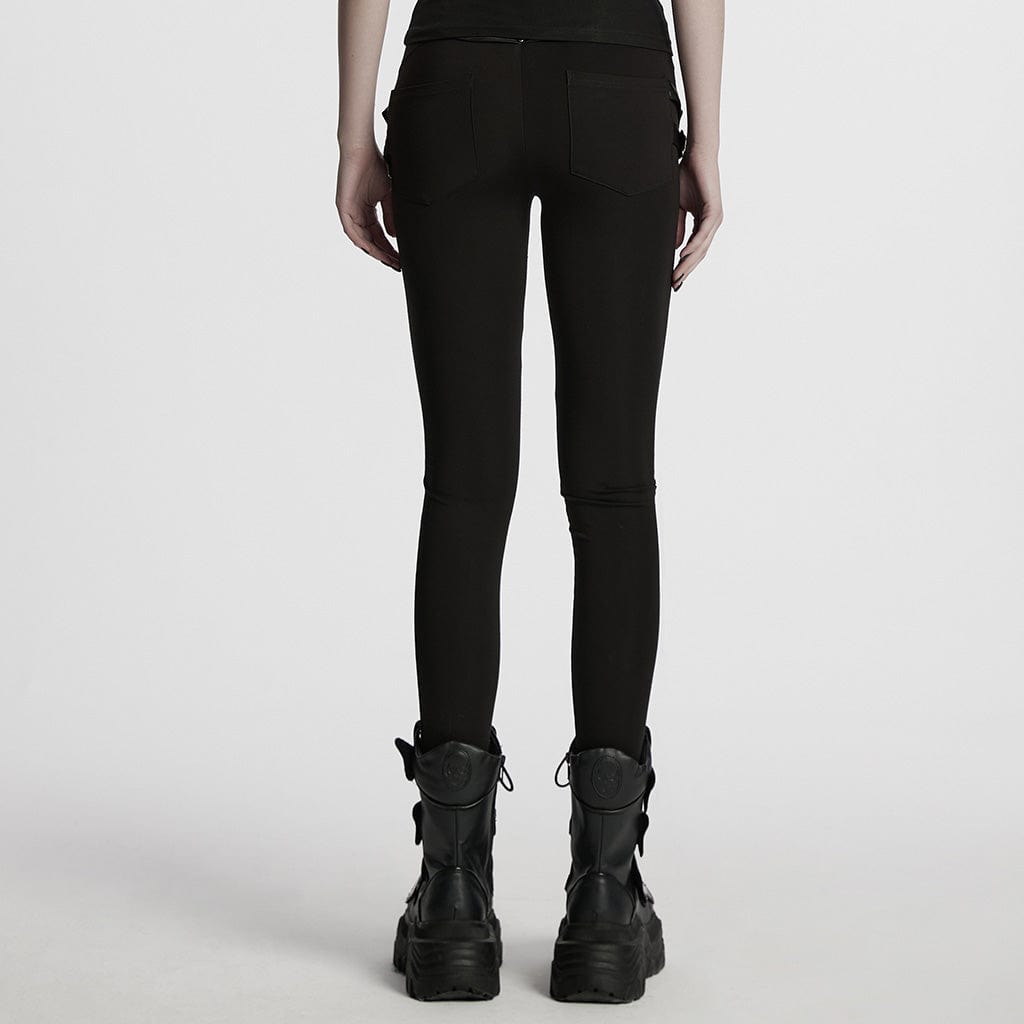 PUNK RAVE Women's Punk Buckle Strap Pleated Leggings