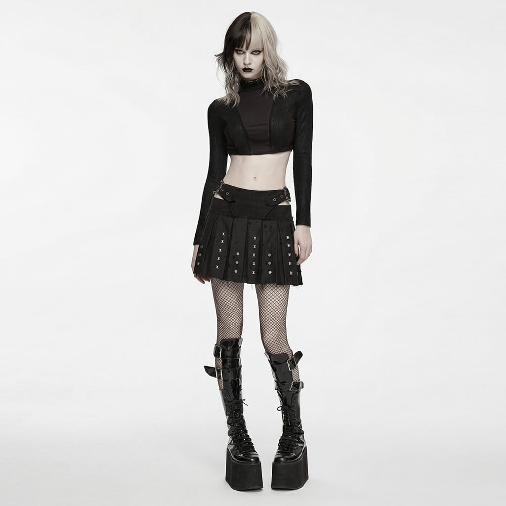 PUNK RAVE Women's Punk Buckle Strap Studded Pleated Skirt
