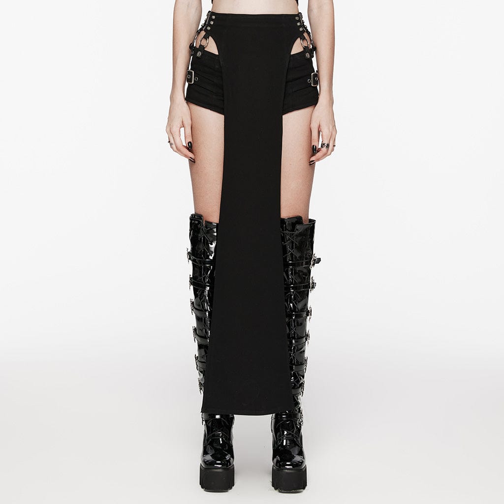 PUNK RAVE Women's Punk Buckle Studded Removable Shorts