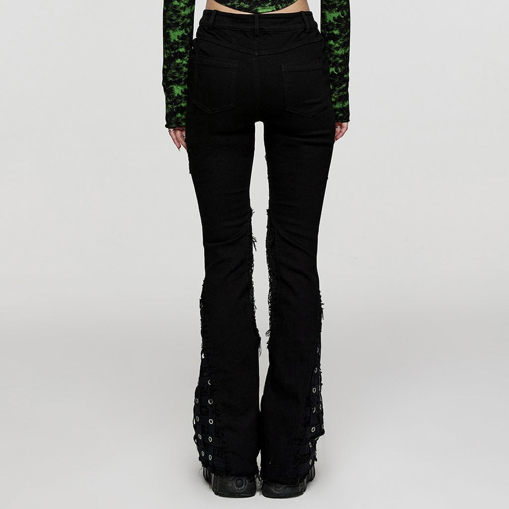 PUNK RAVE Women's Punk Buckle Unedged Flared Pants