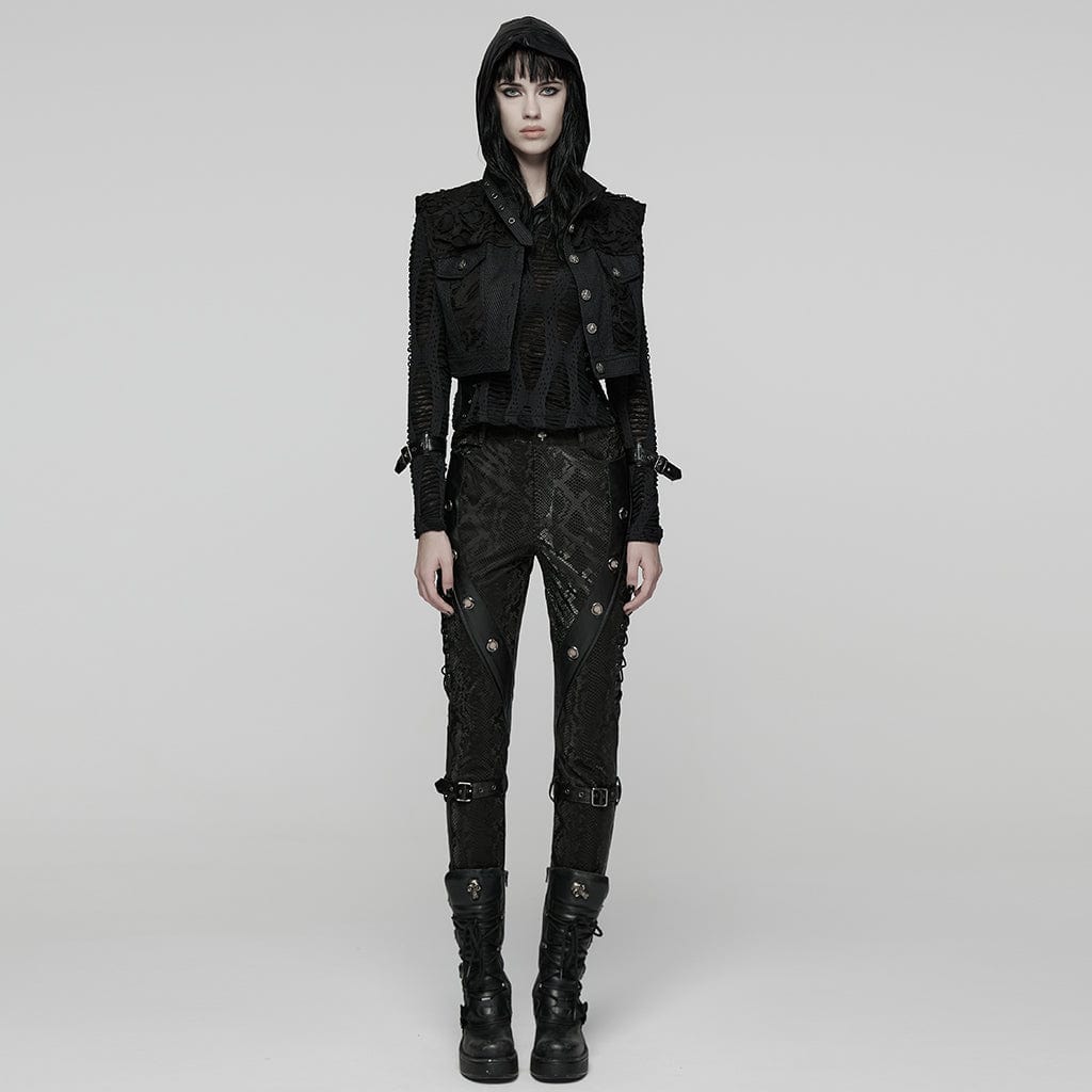 PUNK RAVE Women's Punk Buckle-up Collar Ripped Short Vest