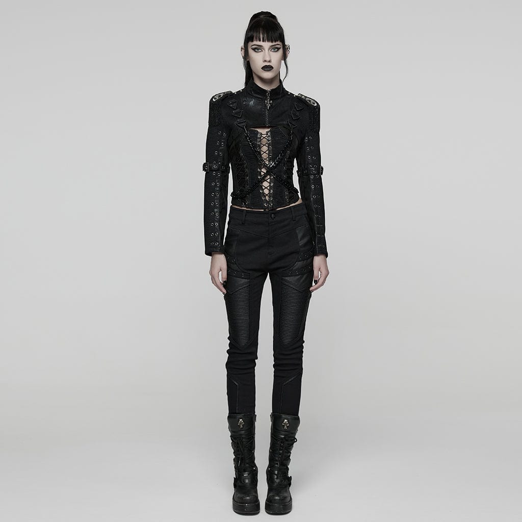 PUNK RAVE Women's Punk Buckle-up Strap Eyelet Ultra-Short Jacket with Detachable Chain