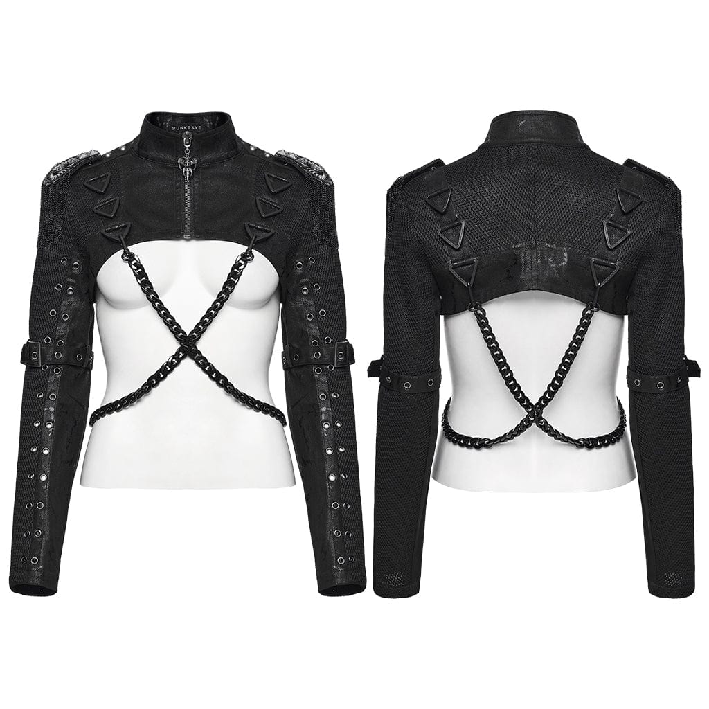 PUNK RAVE Women's Punk Buckle-up Strap Eyelet Ultra-Short Jacket with Detachable Chain