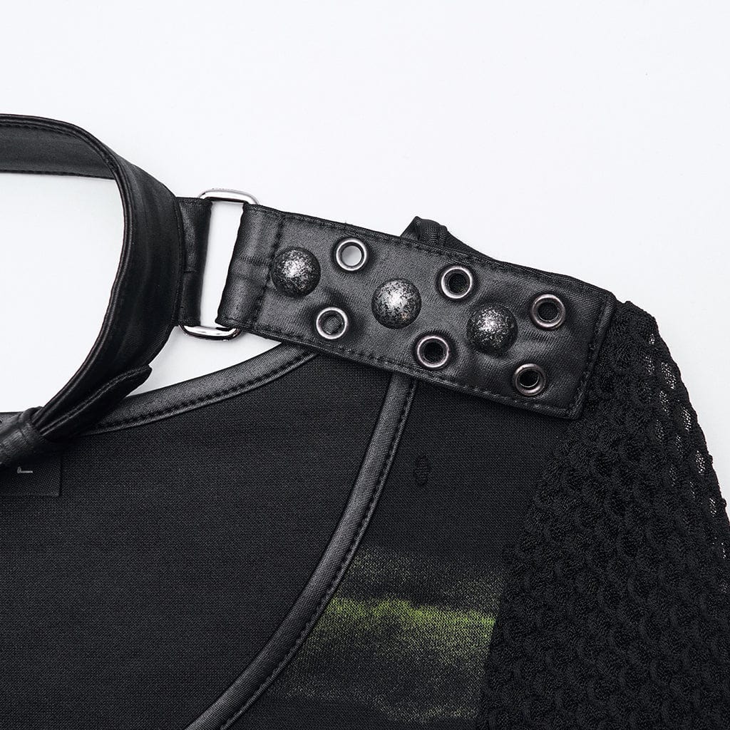 PUNK RAVE Women's Punk Buckle-up strap Mesh Splice Printed T-shirt Black-Green