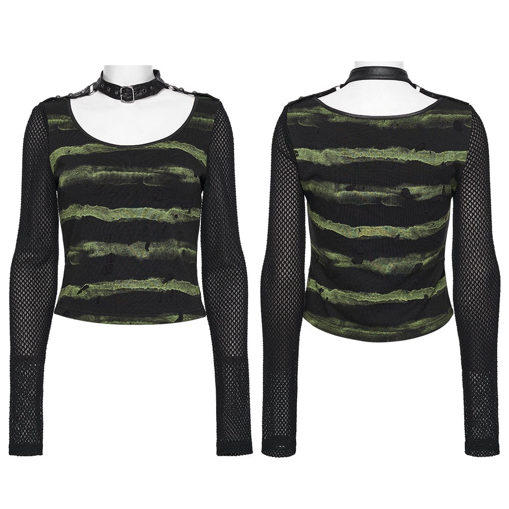 PUNK RAVE Women's Punk Buckle-up strap Mesh Splice Printed T-shirt Black-Green