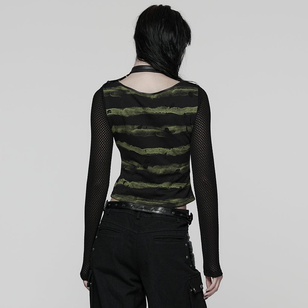 PUNK RAVE Women's Punk Buckle-up strap Mesh Splice Printed T-shirt Black-Green