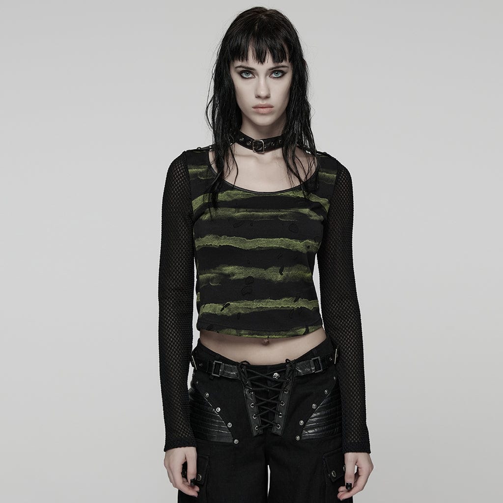 PUNK RAVE Women's Punk Buckle-up strap Mesh Splice Printed T-shirt Black-Green