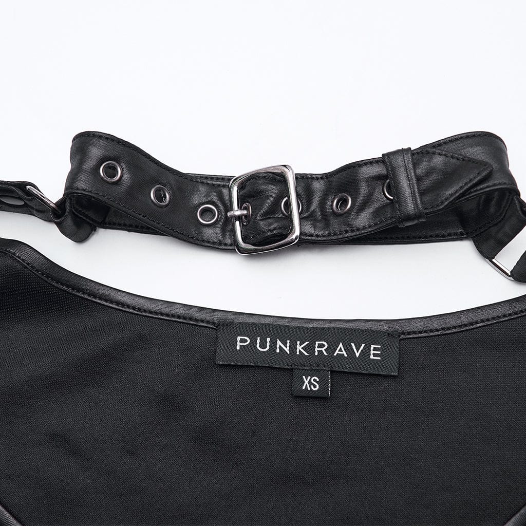 PUNK RAVE Women's Punk Buckle-up strap Mesh Splice Printed T-shirt Black-Green