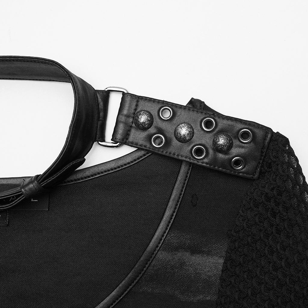 PUNK RAVE Women's Punk Buckle-up strap Mesh Splice Printed T-shirt Black-Grey