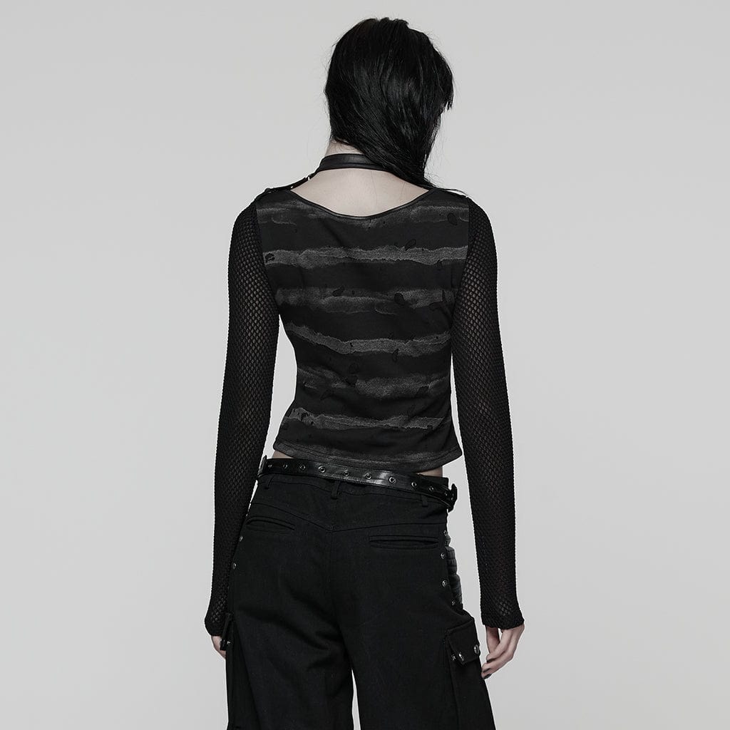 PUNK RAVE Women's Punk Buckle-up strap Mesh Splice Printed T-shirt Black-Grey