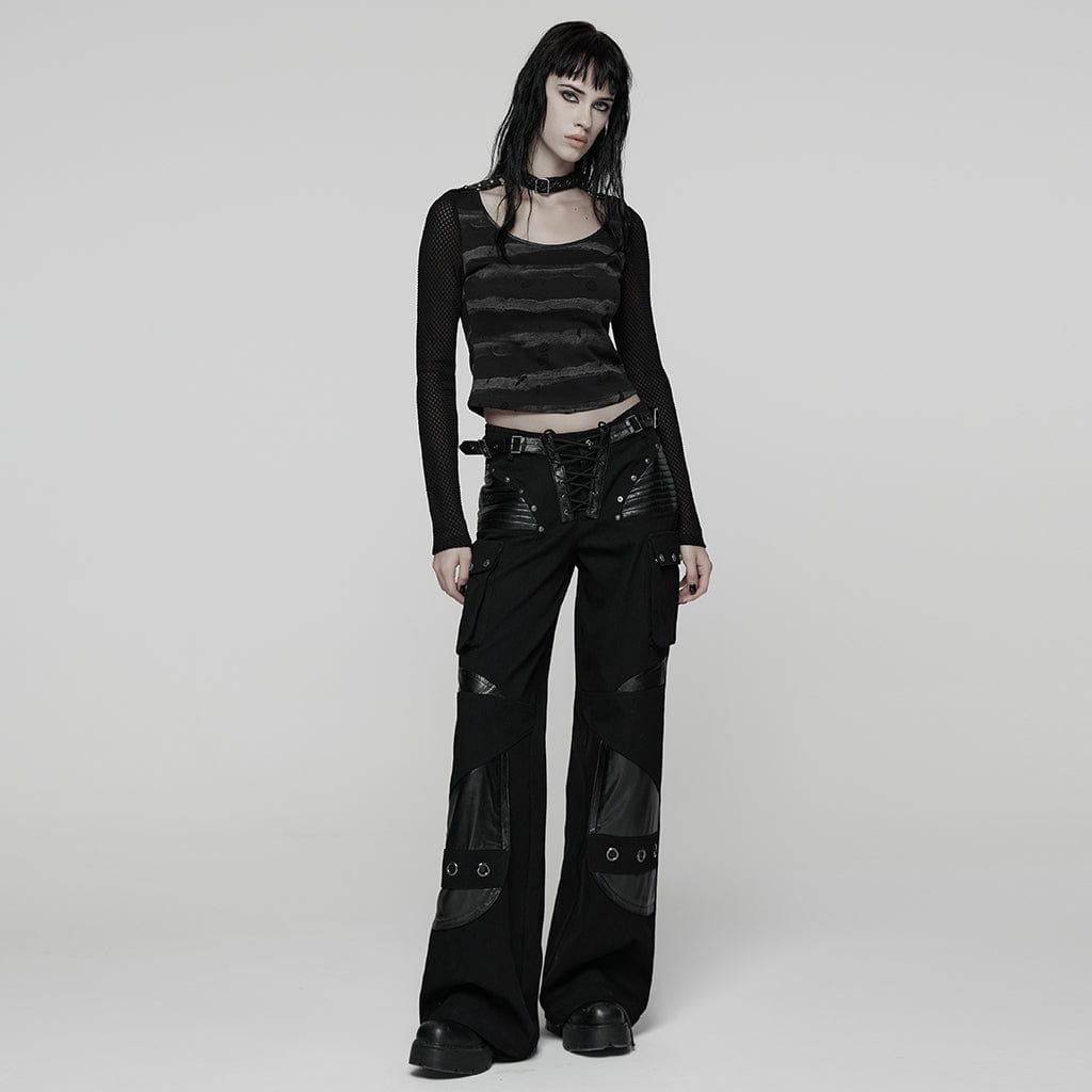 PUNK RAVE Women's Punk Buckle-up strap Mesh Splice Printed T-shirt Black-Grey