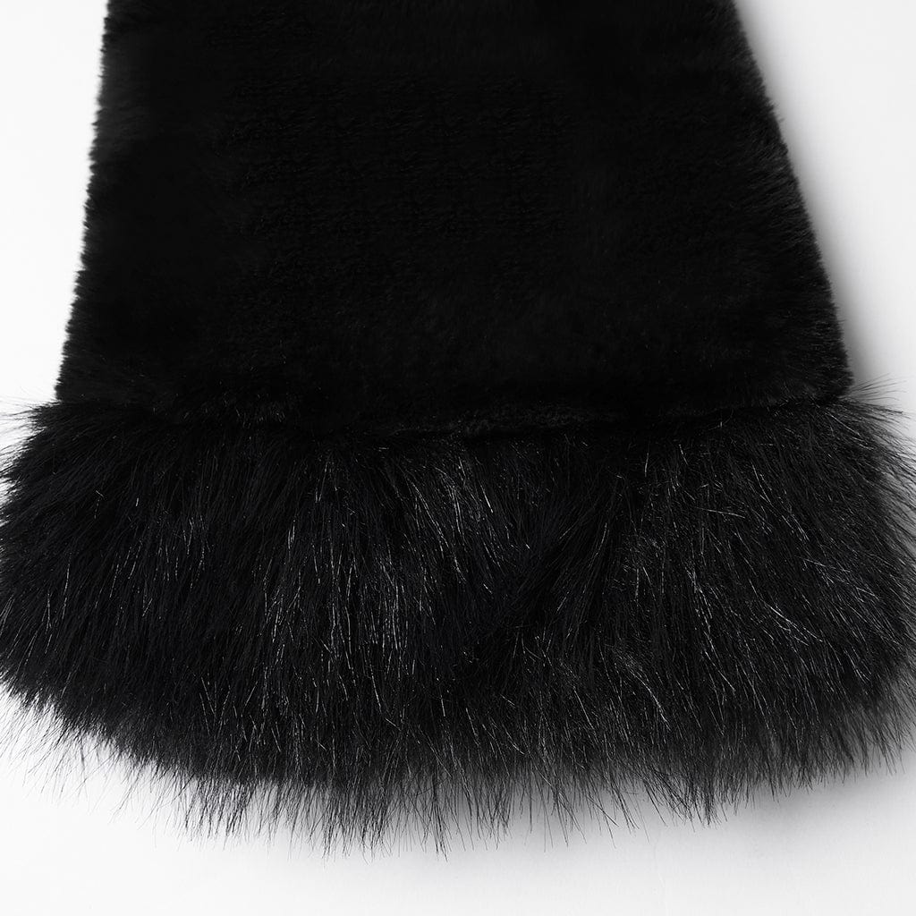 PUNK RAVE Women's Punk Buckle-up Strap Stand Collar Faux Fur Short Cape Black