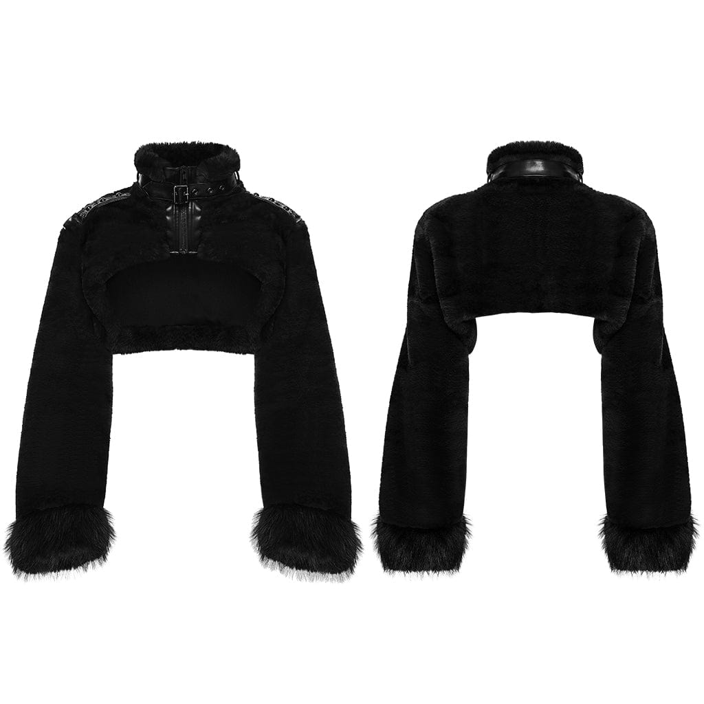 PUNK RAVE Women's Punk Buckle-up Strap Stand Collar Faux Fur Short Cape Black