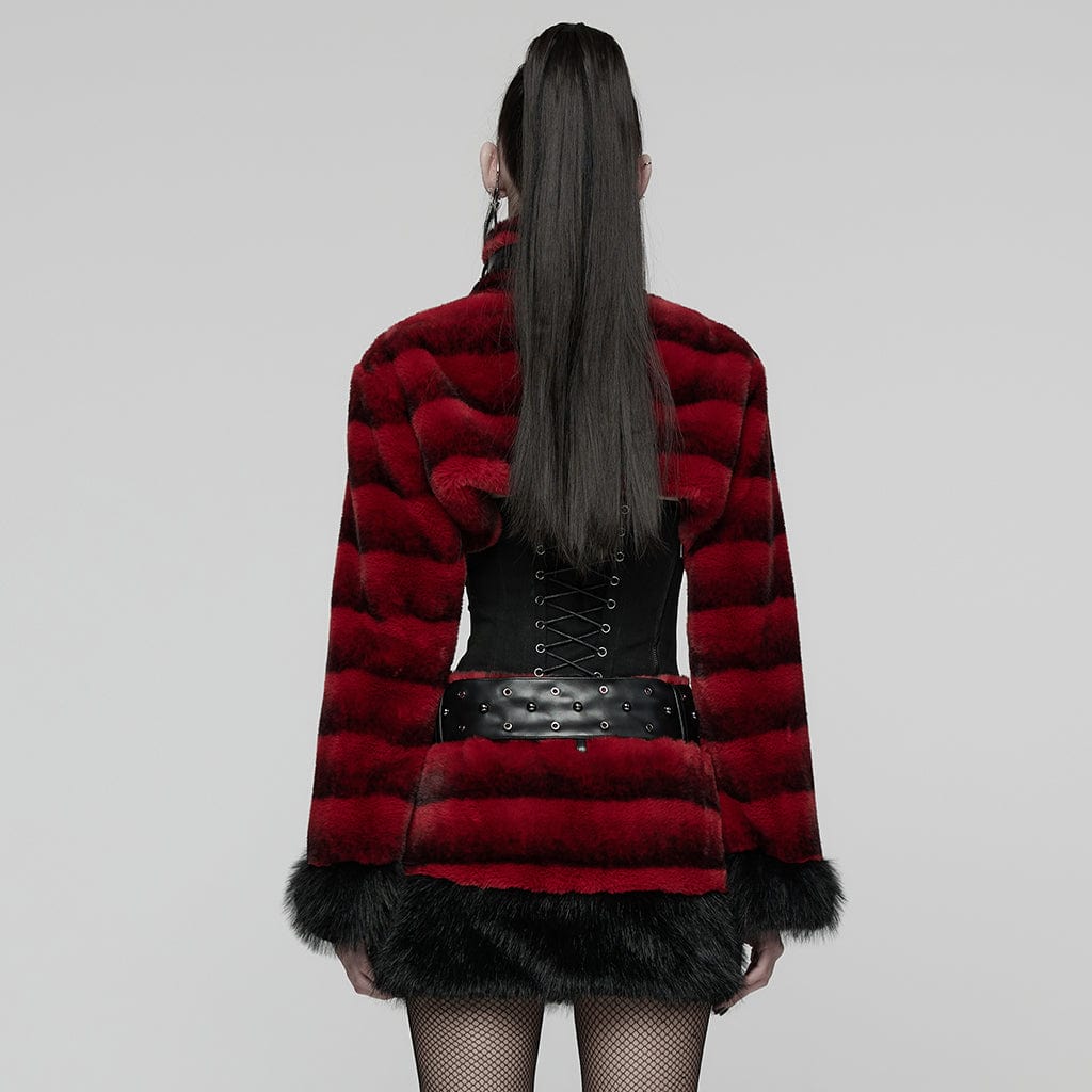 PUNK RAVE Women's Punk Buckle-up Strap Stand Collar Faux Fur Short Cape Red