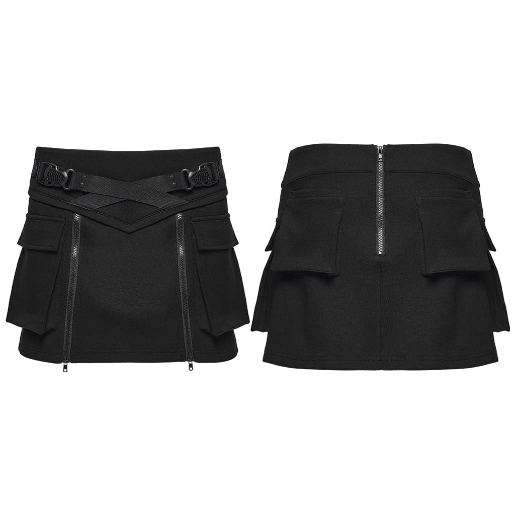 PUNK RAVE Women's Punk Buckle-up Zip Big Pockets Techwear Skirt