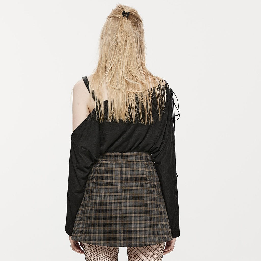 PUNK RAVE Women's Punk Butterfly Printed Slash Shoulder Shirt