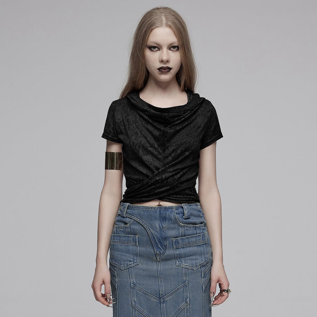 PUNK RAVE Women's Punk Cowl Neck Ruched Shirt with Hood