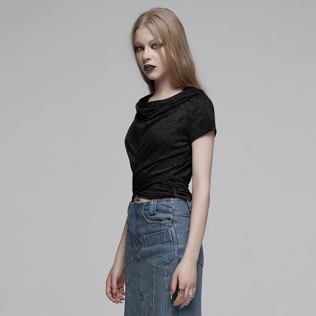 PUNK RAVE Women's Punk Cowl Neck Ruched Shirt with Hood