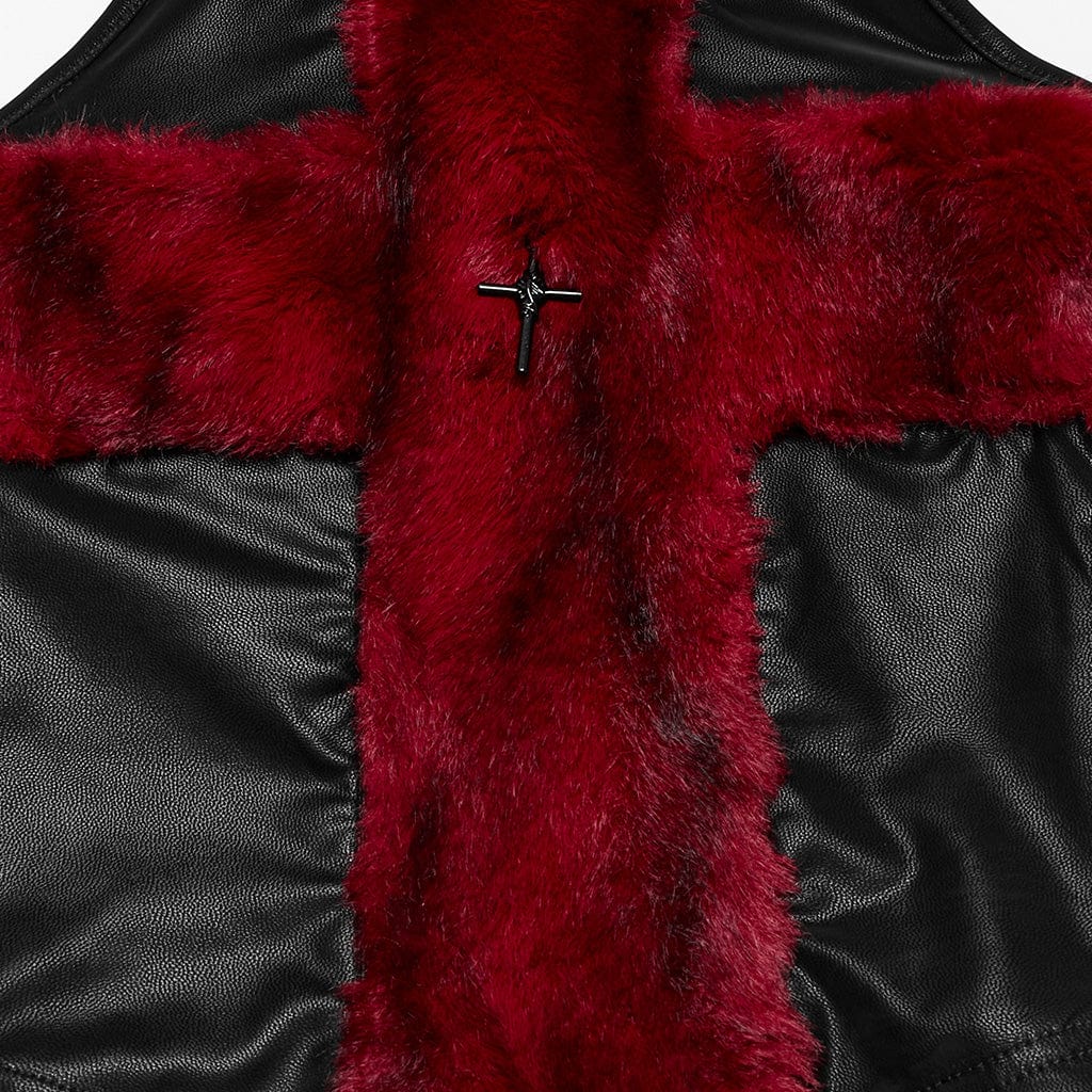 PUNK RAVE Women's Punk Cross Faux Fur Splice Faux Leather Vest