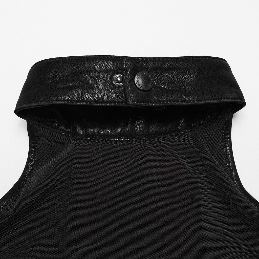 PUNK RAVE Women's Punk Cross Faux Fur Splice Faux Leather Vest