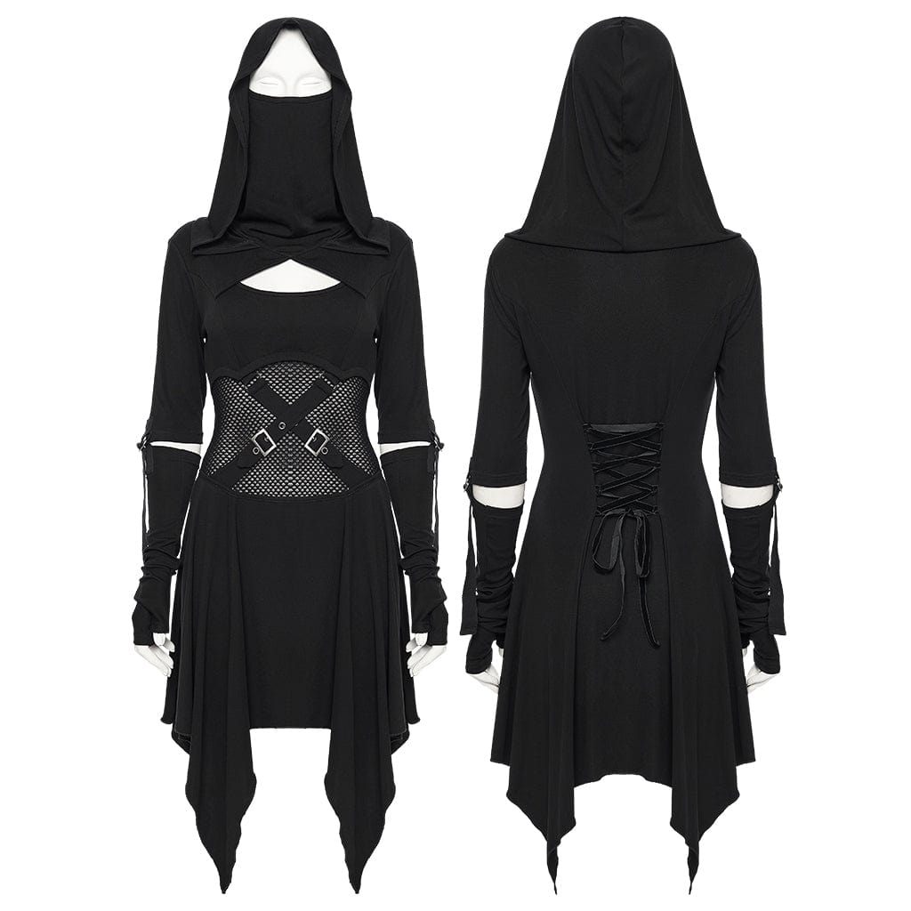 PUNK RAVE Women's Punk Cutout Buckle Strap Hooded Dress