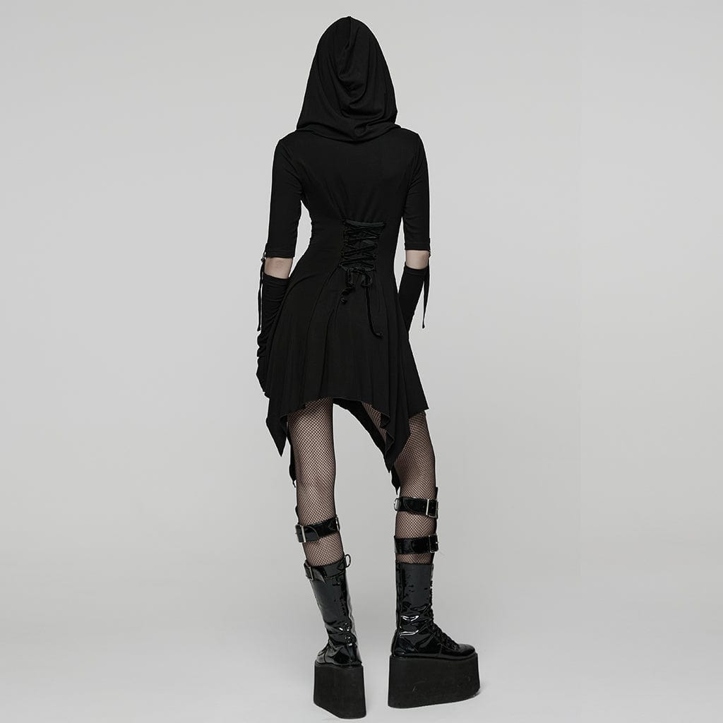 PUNK RAVE Women's Punk Cutout Buckle Strap Hooded Dress