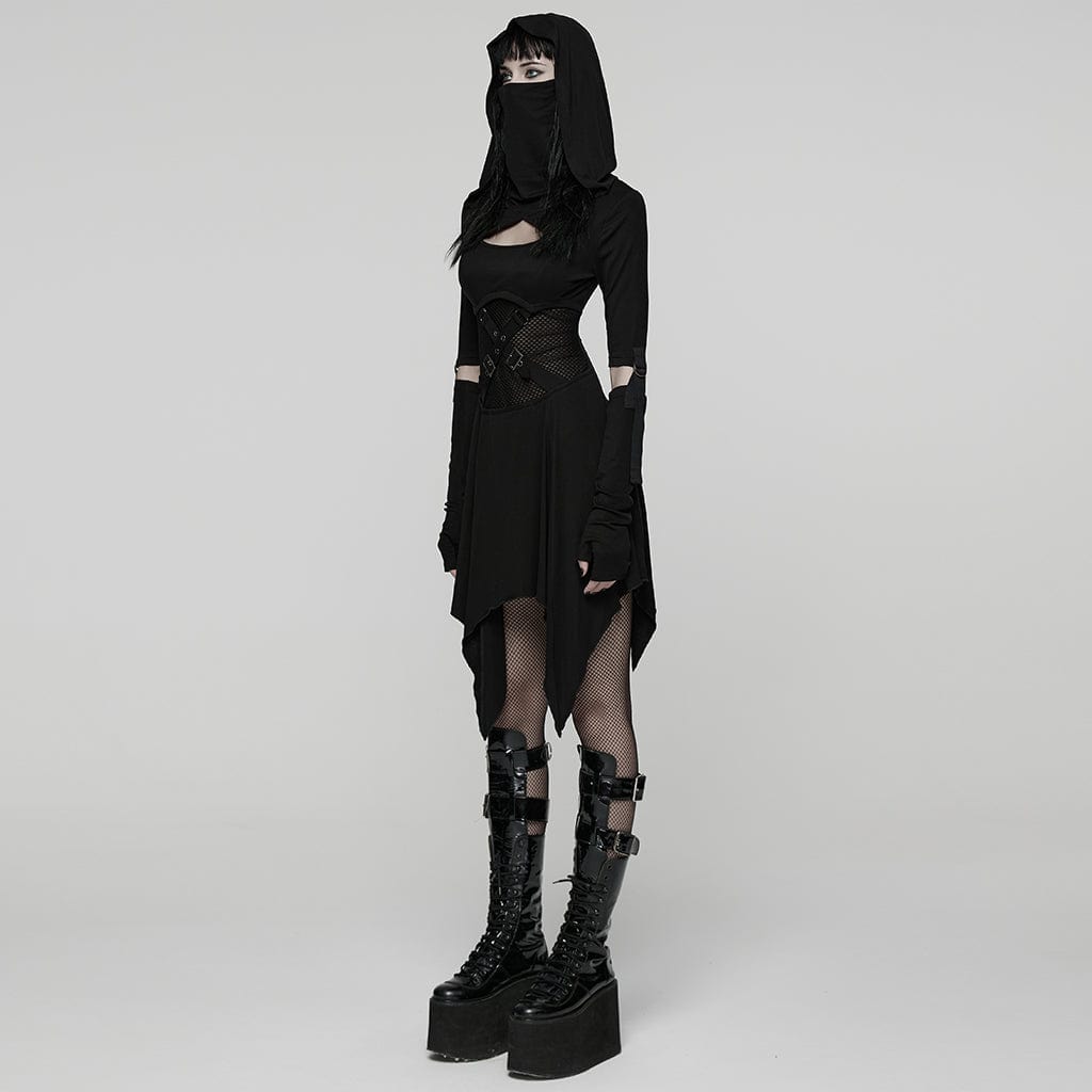 PUNK RAVE Women's Punk Cutout Buckle Strap Hooded Dress