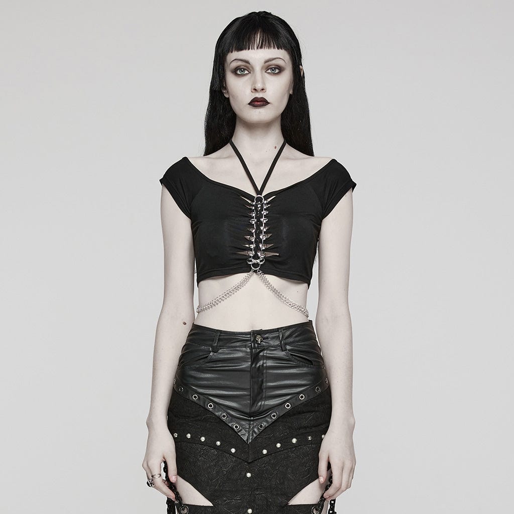 PUNK RAVE Women's Punk Cutout Ring Chain Short Sleeved Crop Top