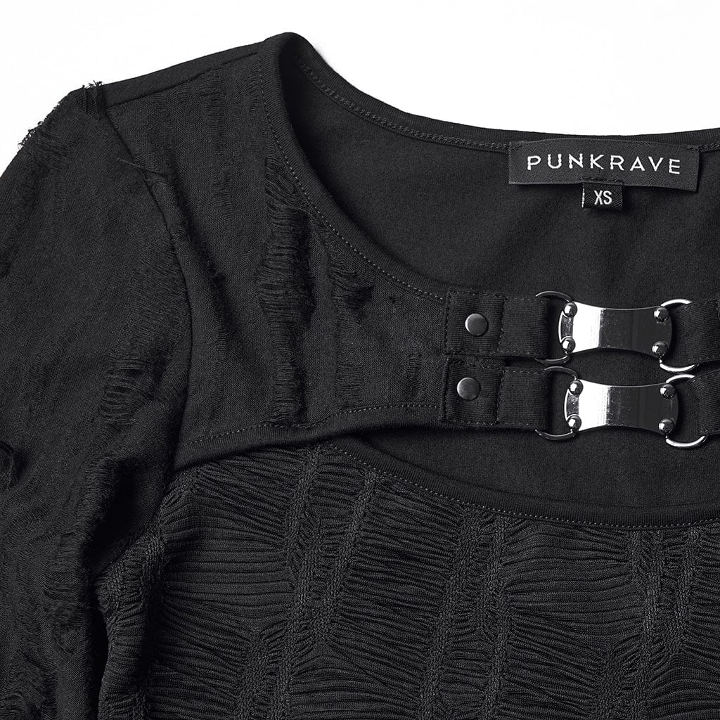 PUNK RAVE Women's Punk Cutout Ruched Ripped T-Shirt