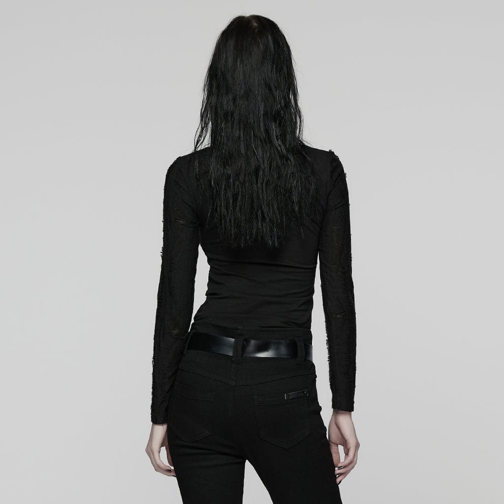 PUNK RAVE Women's Punk Cutout Ruched Ripped T-Shirt