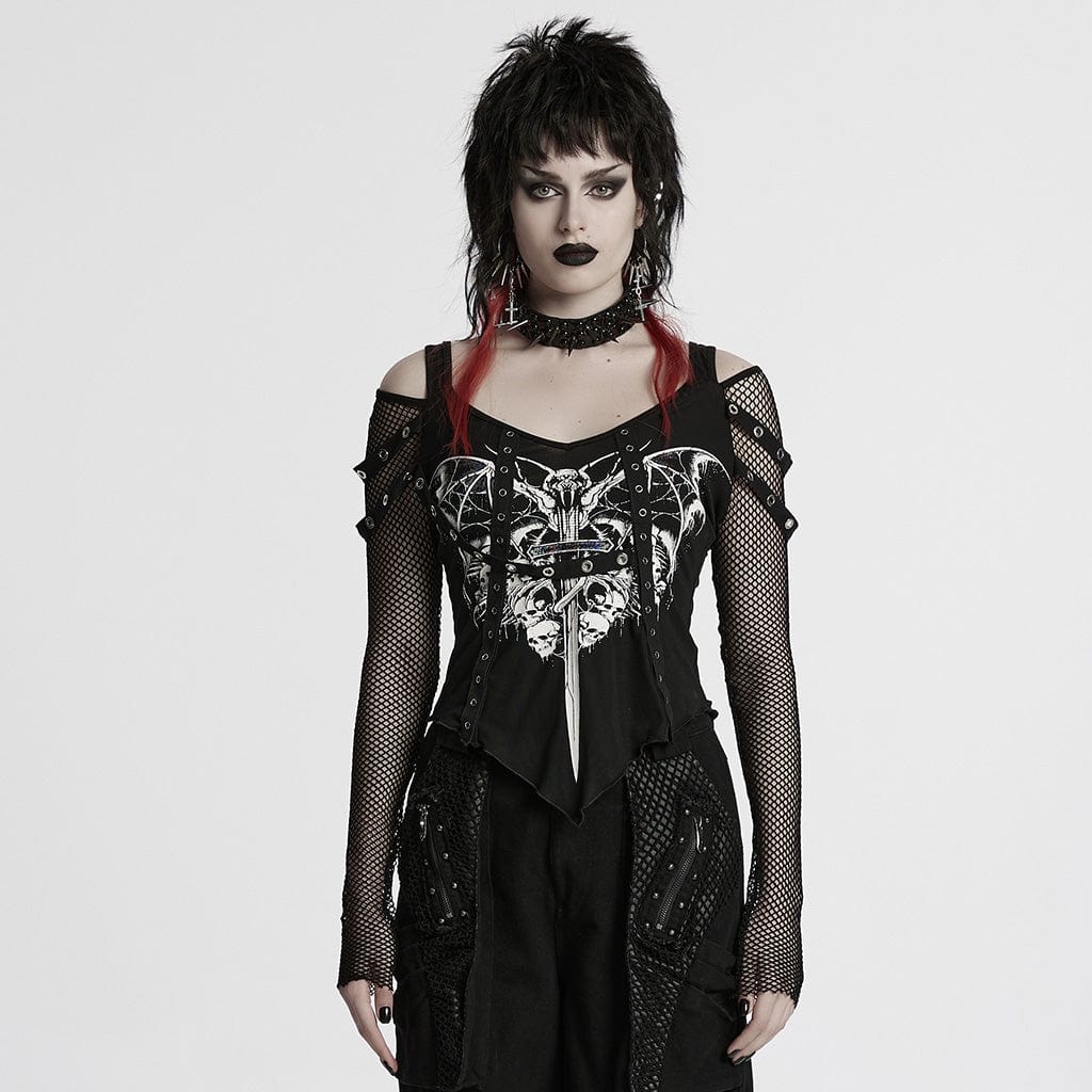 PUNK RAVE Women's Punk Cutout Skull Printed Mesh Splice Shirt