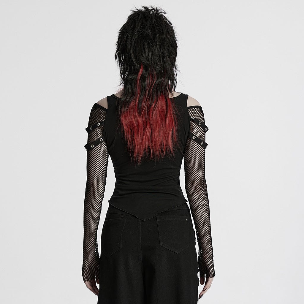 PUNK RAVE Women's Punk Cutout Skull Printed Mesh Splice Shirt