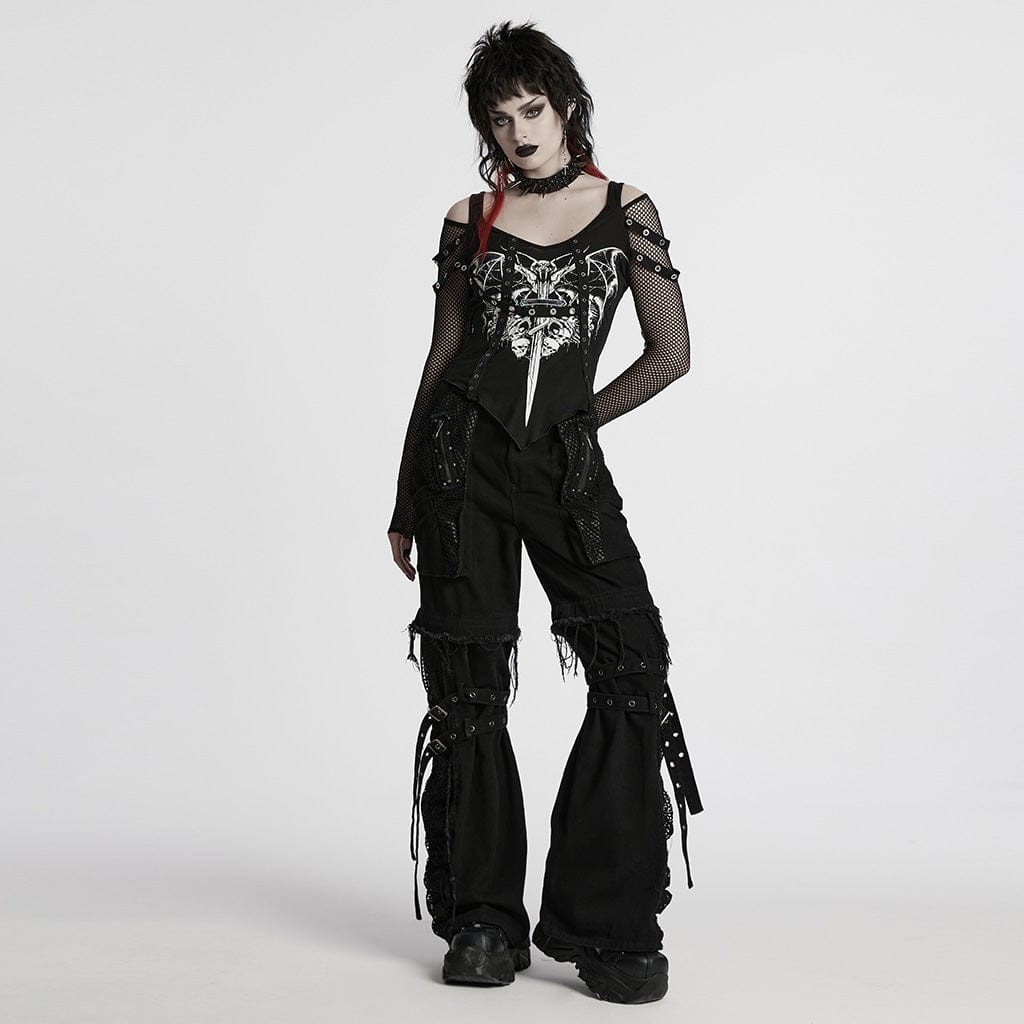 PUNK RAVE Women's Punk Cutout Skull Printed Mesh Splice Shirt