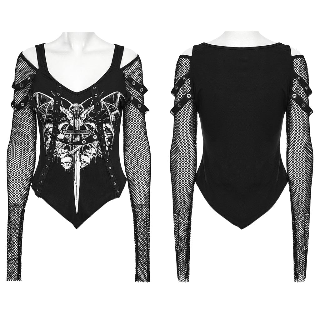 PUNK RAVE Women's Punk Cutout Skull Printed Mesh Splice Shirt