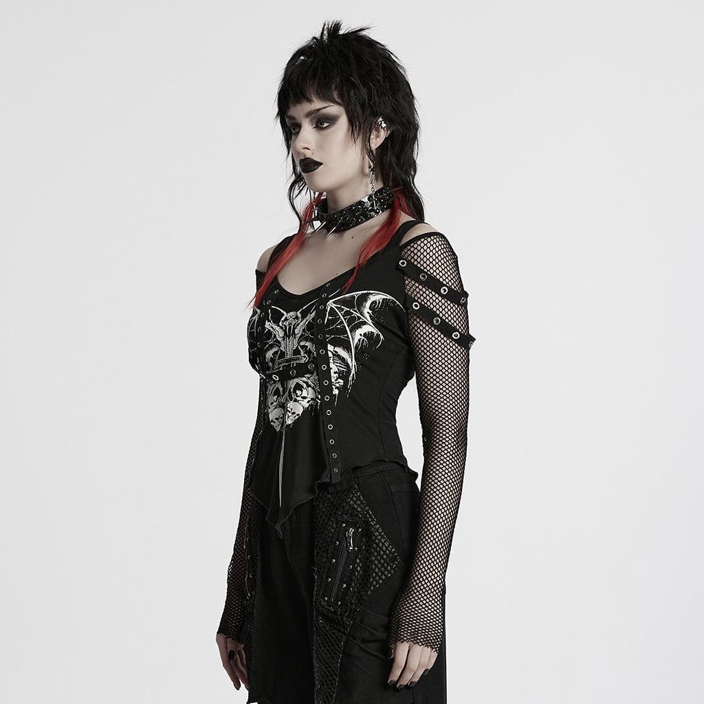 PUNK RAVE Women's Punk Cutout Skull Printed Mesh Splice Shirt